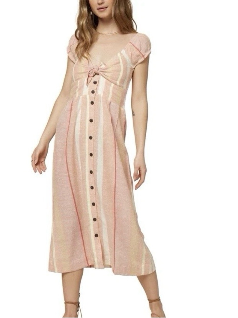 O’Neill Elijah Dress Women’s S Coral Cream Striped  Tie Front Boho Button NWT